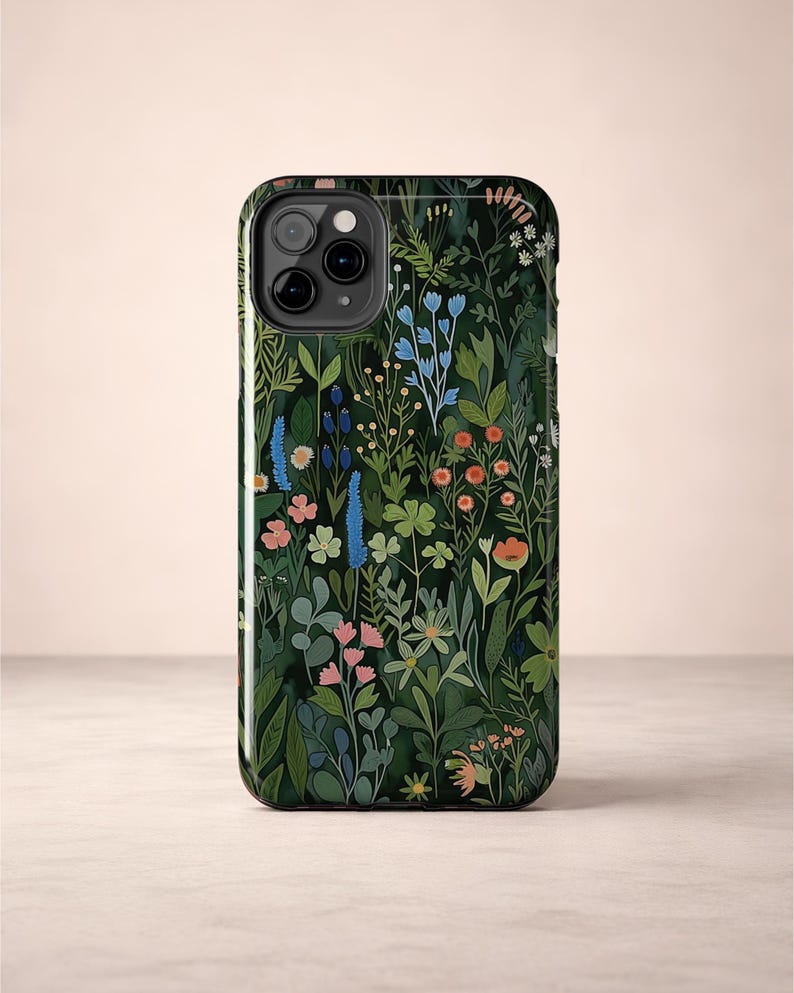Dark Botanical Phone Case | Whimsical Forest Wildflower Print | Cottagecore Accessory | Glossy Tough iPhone Case immagine 1