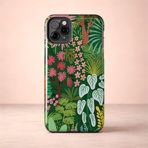 Jungle Plant Phone Case | Pink Flowers & Green Leaves | Tropical Botanical Print | Tough iPhone Case
