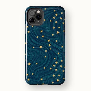 Star Phone Case | Wavy Celestial Pattern in Dark Blue | Night Sky Art | Galaxy Aesthetic Design | Glossy Tough Case for iPhone 7-16