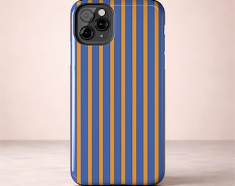 Striped Phone Case | Blue & Orange Preppy Stripe Pattern | Glossy Tough iPhone Case
