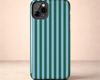 Striped Phone Case | Blue & Green Vertical Stripe Pattern | Glossy Tough Case for iPhone 7-16