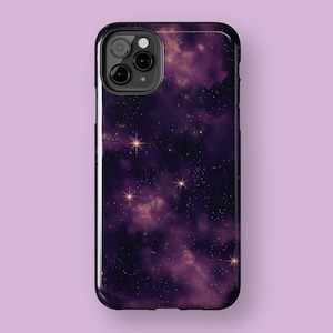 Purple Starry Phone Case | Dreamy Celestial Aesthetic | Magical Night Sky | Golden Stars on Dark Violet | Glossy Tough Case for iPhone 7-16