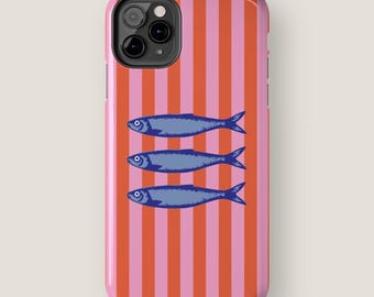 Striped Fish Phone Case | Sardines on Pink & Orange | Quirky Nautical Style | Tough iPhone Case