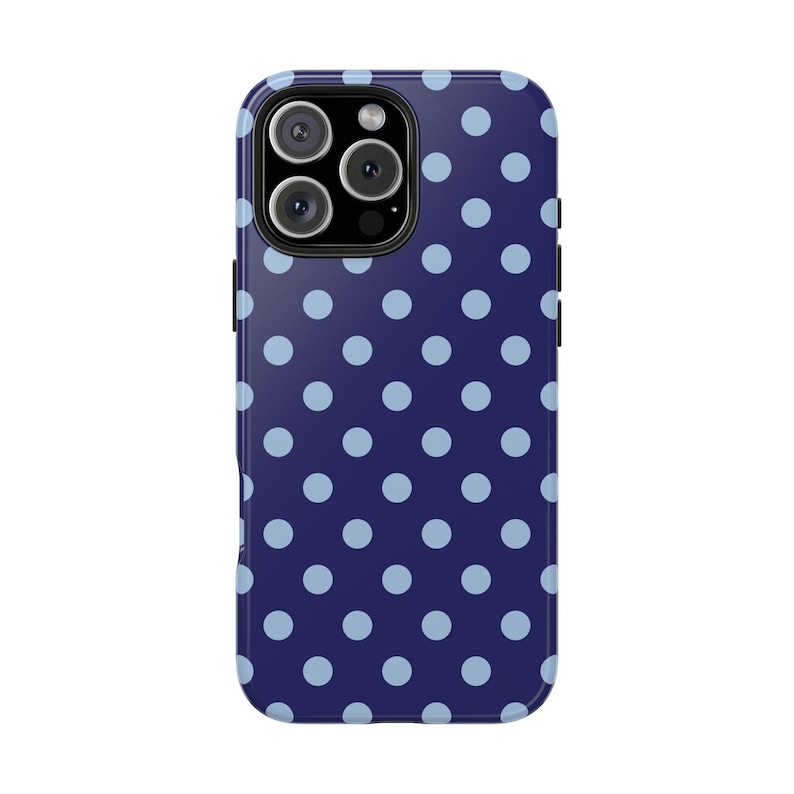 Phone case with light blue polka dots on a navy background in a minimalist preppy design