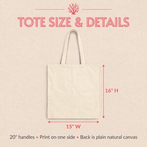 Puede incluir: Un bolso tote de lona natural con dos asas. El texto dice TOTE SIZE & DETAILS, 16" H, 15" W, 20" handles, Print on one side, Back is plain natural canvas. El bolso mide 16 pulgadas de alto y 15 pulgadas de ancho con asas de 20 pulgadas.