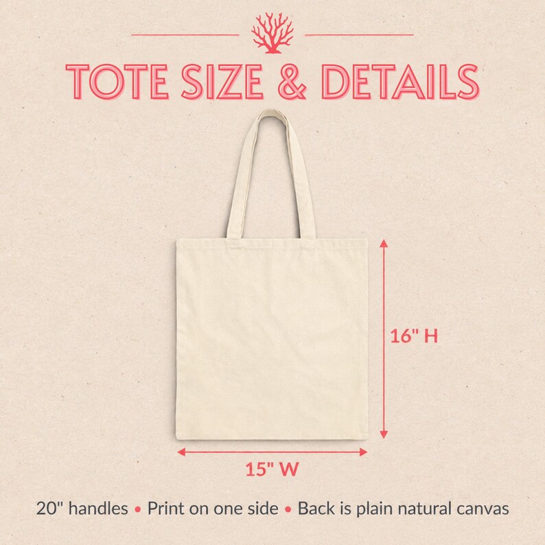 Puede incluir: Un bolso tote de lona natural con dos asas. El texto dice TOTE SIZE & DETAILS, 16" H, 15" W, 20" handles, Print on one side, Back is plain natural canvas. El bolso mide 16 pulgadas de alto y 15 pulgadas de ancho con asas de 20 pulgadas.