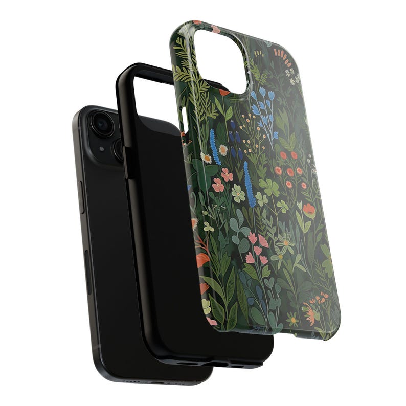 Glossy phone case with a dense botanical illustration of clovers and wildflowers on a dark green background, giving it a woodland cottagecore feel