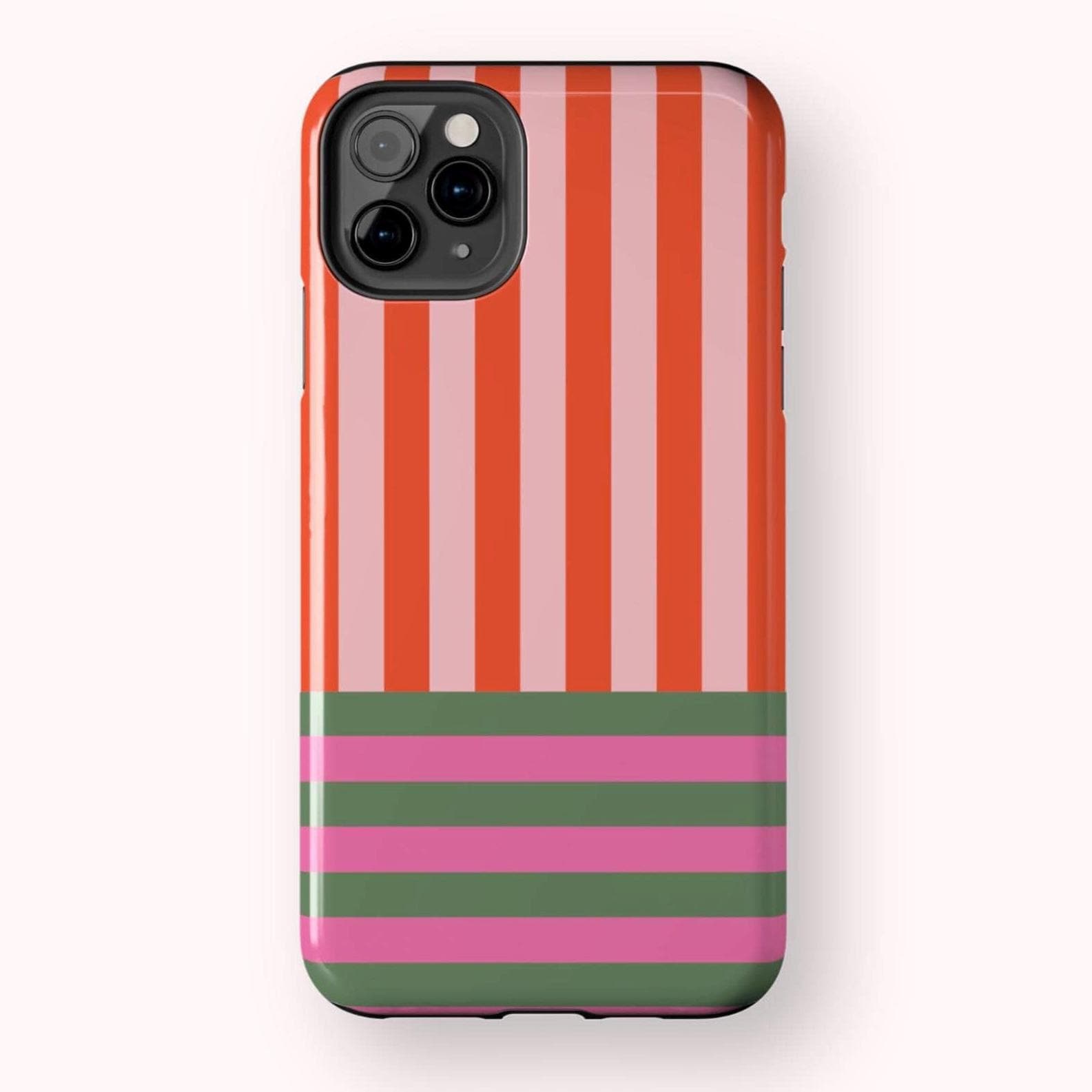 Striped Colorblock Phone Case | Orange, Pink & Green Stripes | Retro Color Combo | Maximalist Aesthetic | Glossy Tough Case for iPhone 7-16