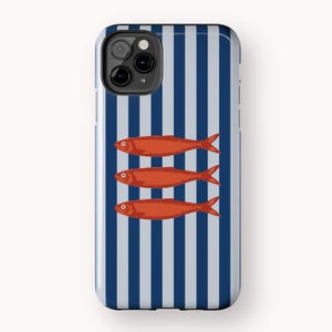 Striped Sardine Phone Case | Nautical Fish Design | Beachy Coastal Aesthetic | Blue & Orange | Glossy Tough Case for iPhone 7-16