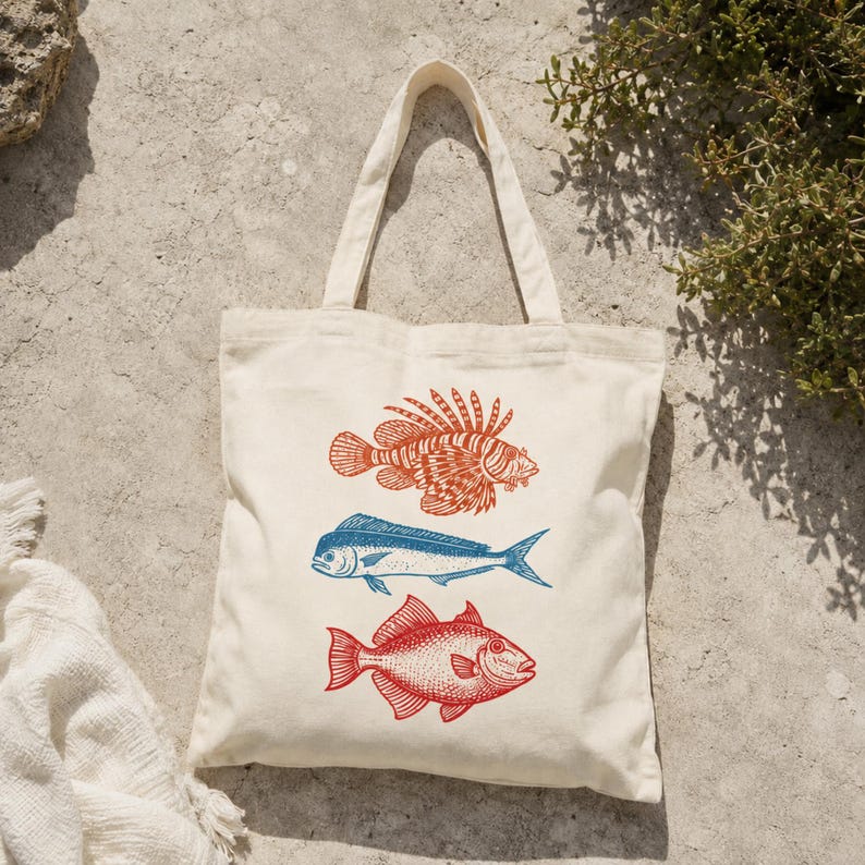 May include: A cream-colored canvas tote bag featuring a vertical graphic print of three fish. The top fish is orange, the middle fish is blue, and the bottom fish is red. The bag has two matching fabric handles and a simple rectangular shape.