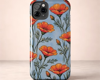 California Poppy Phone Case | Orange Floral Pattern | Vintage Style Botanical Print | Tough iPhone Case