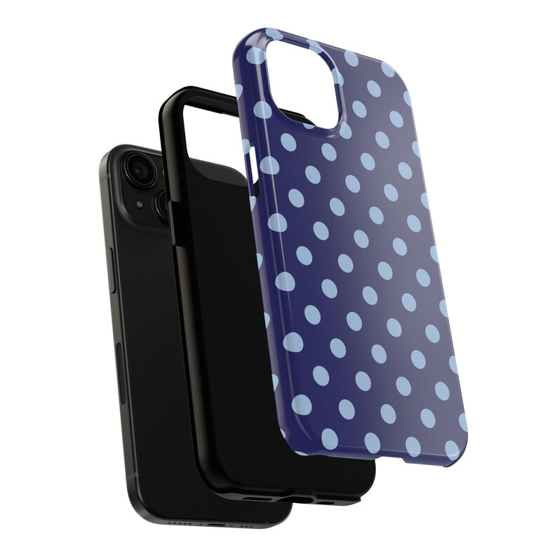 Phone case with light blue polka dots on a navy background in a minimalist preppy design