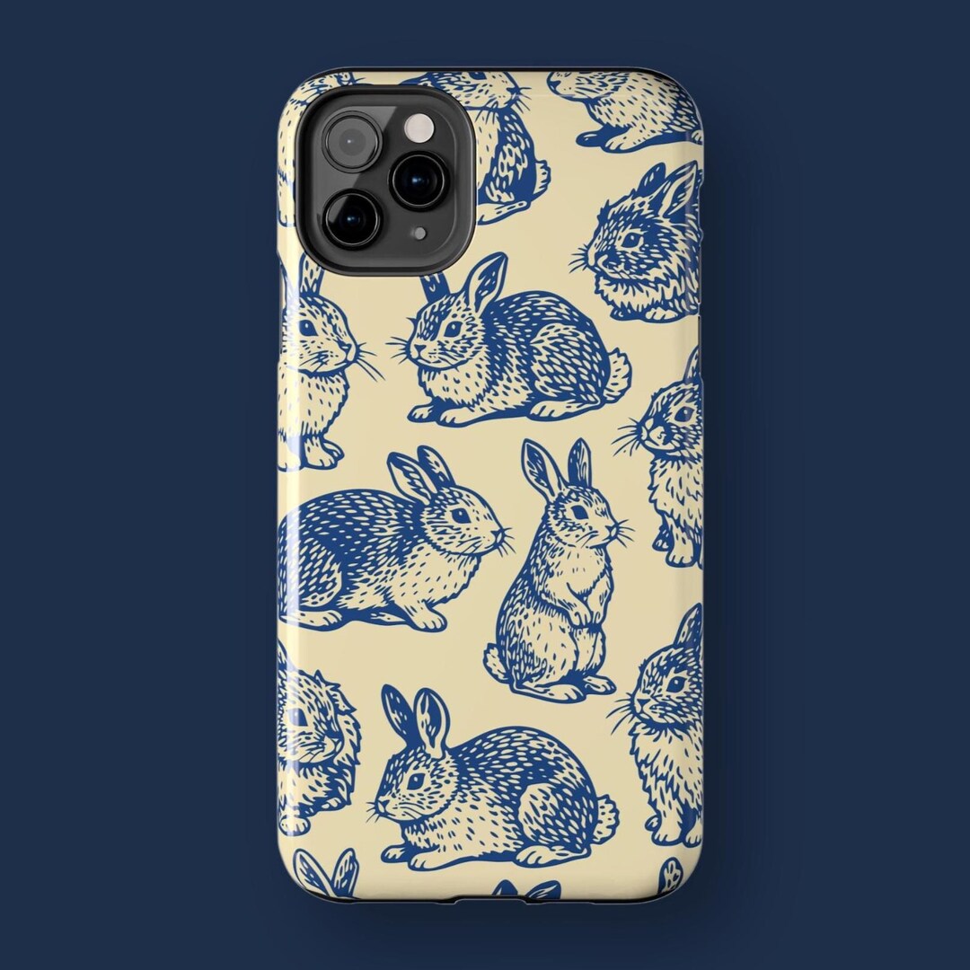 Rabbit Phone Case | Blue & Yellow Animal Pattern | Vintage-style Bunny ...