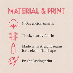 May include: An informational graphic titled MATERIAL & PRINT with red icons and black text. It lists 100% cotton canvas, thick sturdy fabric, straight seams for a clean flat shape, and bright lasting print as features for a tote bag product.