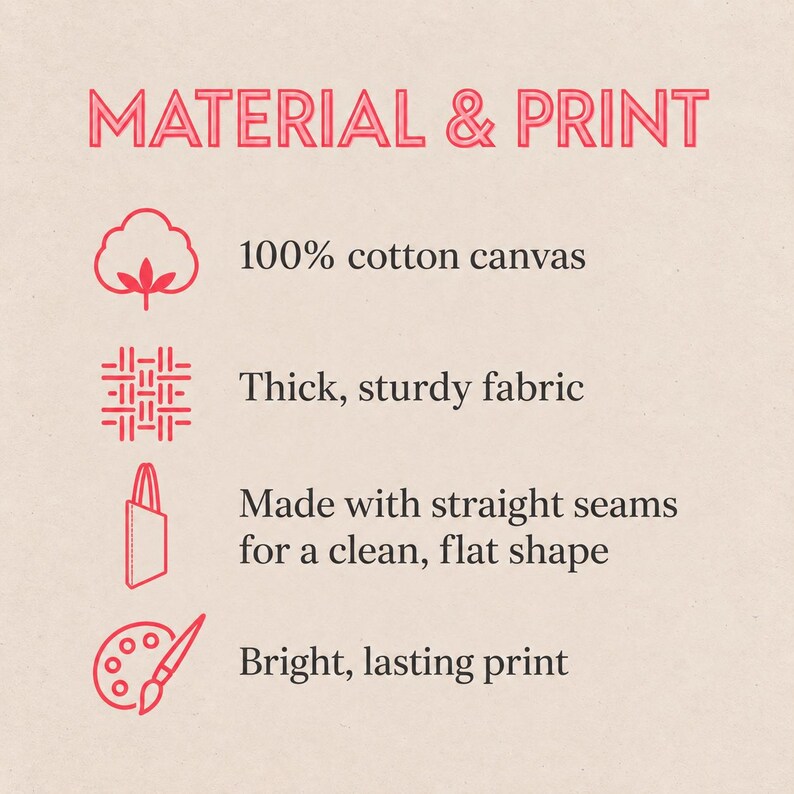 May include: An informational graphic titled MATERIAL & PRINT with red icons and black text. It lists 100% cotton canvas, thick sturdy fabric, straight seams for a clean flat shape, and bright lasting print as features for a tote bag product.