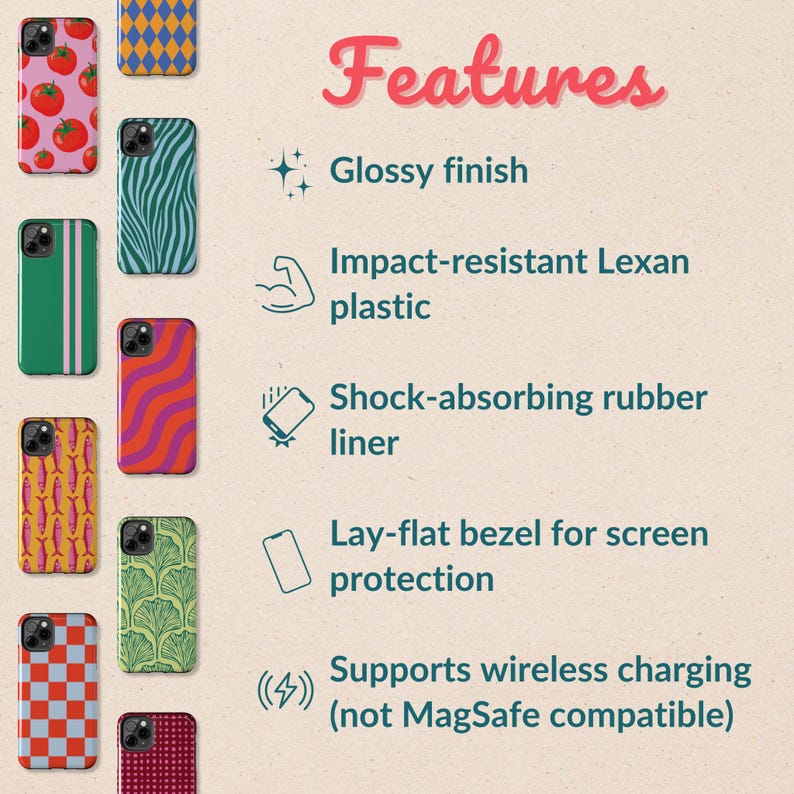 Pu&ograve; includere: Una collezione di custodie per telefoni colorate con vari motivi, tra cui pomodori e disegni geometrici. L'immagine elenca anche caratteristiche come finitura lucida, plastica Lexan resistente agli urti e supporto per la ricarica wireless.