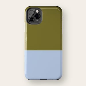 May include: A two-tone phone case with a glossy finish. The top half is olive green, and the bottom half is light blue. The case has a camera cutout and is designed for a smartphone.