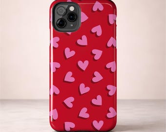 Red & Pink Heart Phone Case | Playful Pattern | Girly Preppy Style | Glossy Tough iPhone Case
