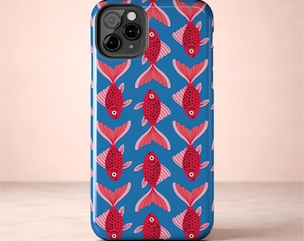 Red Fish Pattern Phone Case | Blue Marine Animal Print | Nautical Design | Tough iPhone Case