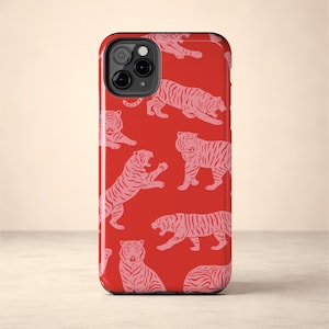 Tiger Phone Case | Pink & Red Animal Block Print | Glossy Tough iPhone Case