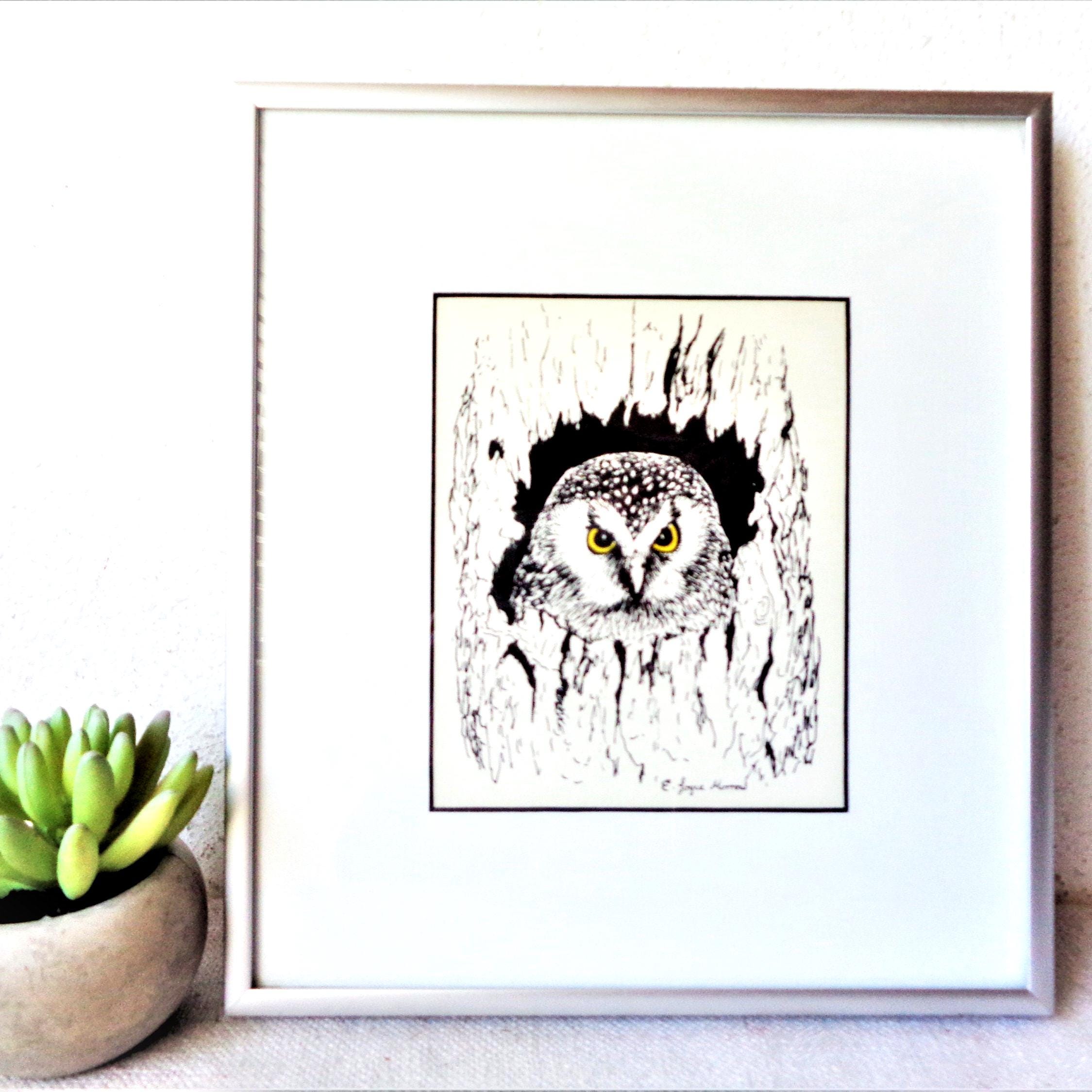 Vintage owl art print black and white artist signed