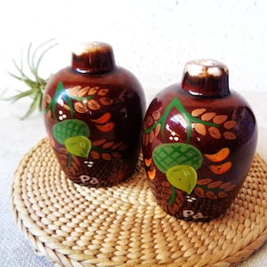 May include: Two brown ceramic salt and pepper shakers with hand-painted floral designs in green, orange, and gold. The shakers have a rounded shape with a small, light-colored top and the letters "Pa" on the base. They sit on a woven mat.