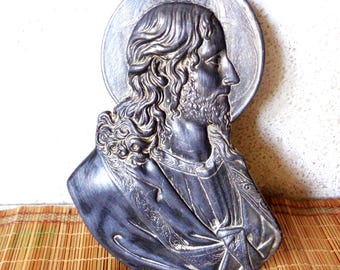 vintage Jesus portrait, metal wall display, holy art plaque, LVA Aronson metal art
