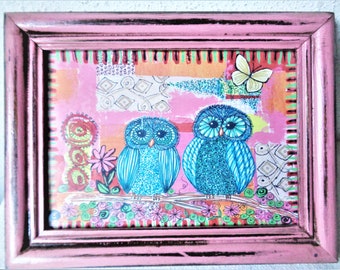 vintage owls art print pink frame 1970s