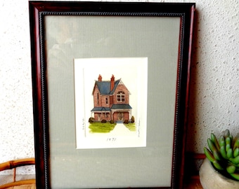 Vintage art print,  Victorian house, small numbered etching. signed Hinson