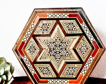 Vintage wood inlay box, marquetry hexagon star