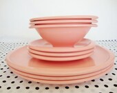vintage  pink plates bowls 1950s Boontonware melmac dinnerware