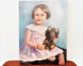 Reserved for Douglas G - vintage oil painting portrait child with toy bear