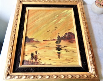 vintage oil painting sailboat orange sunset water scene on masonite board gold frame