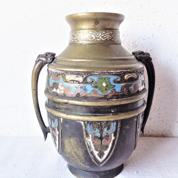 vintage bronze vase champleve enameled metal urn japan