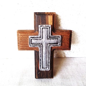 Vintage cross, metal and wood crucifix, rustic wall hanging