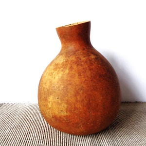 May include: A handcrafted gourd vase with a rounded body and a slender, curved neck. The vase has a natural, mottled brown and tan color, with a smooth, textured surface. The opening is at an angle. The gourd sits on a striped surface.