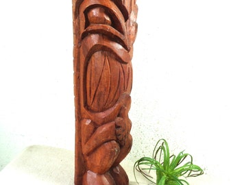 vintage tiki hand carved wood totem 12 inch