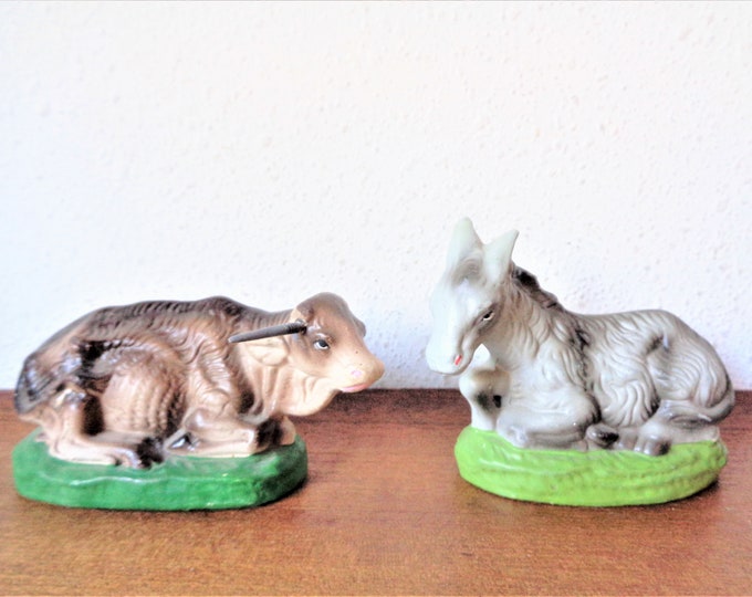 Vintage Nativity Animal Figurines Donkey and Ox Japan Painted Bisque Etsy