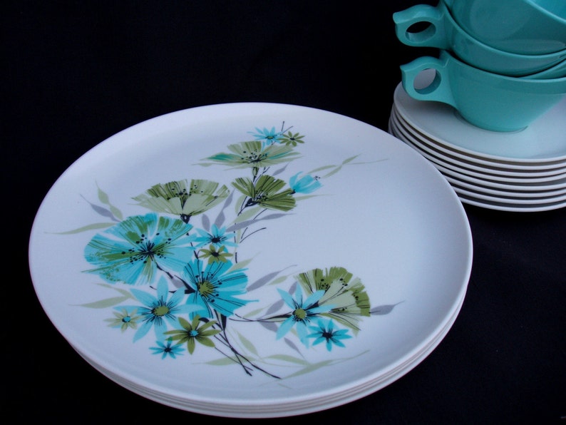 Vintage Melamine dinnerware 1960s turquoise 16 pieces Laguna Etsy