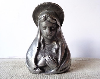 Vintage Mary praying, pewter metal bust figurine,  commemorative miniature sculpture