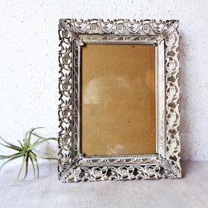 Vintage photo frame silver tone filigree metal roses