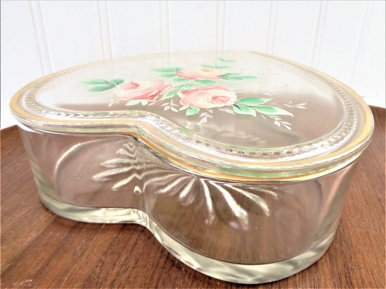 vintage glass heart trinket box vanity or candy bowl large hand painted roses