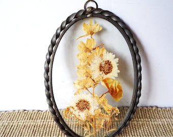 Vintage botanical art, pressed dry flowers, oval metal frame