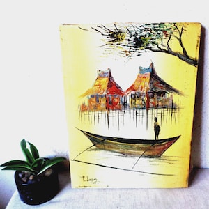 Vintage oil painting,  island style, mid century Asian, signed P. Lopez