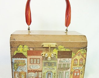 vintage wood box purse beverly hills decoupage village