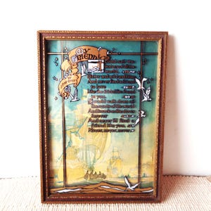 Vintage J P McEvoy ode to a friend, Buzza nautical tall ship theme, framed lithograph motto, Art Deco era