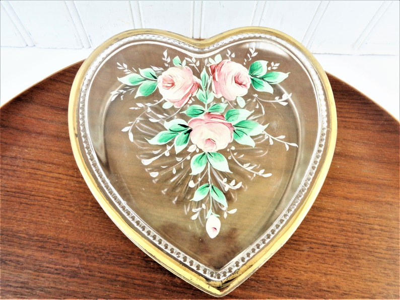 vintage glass heart trinket box vanity or candy bowl large hand painted roses