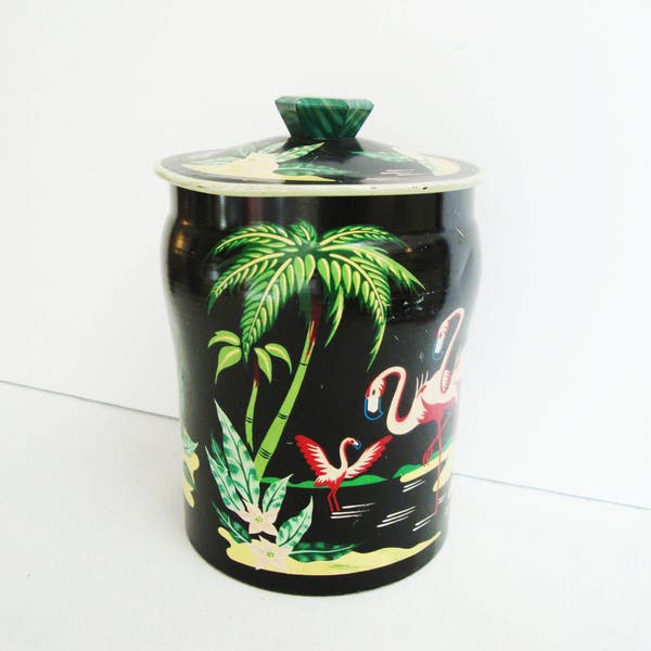 vintage pink flamingo candy biscuit tin florida style