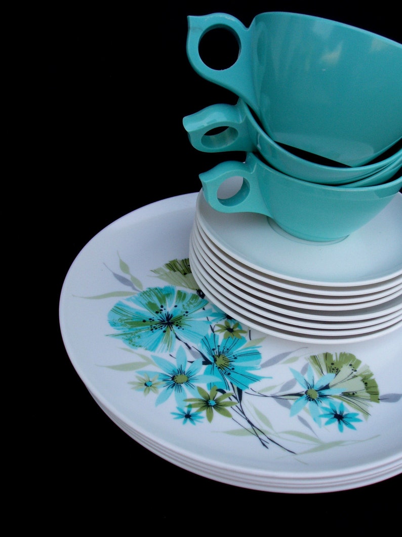 Vintage Melamine dinnerware 1960s turquoise 16 pieces Laguna Etsy