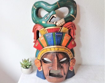 vintage aztec maya carved wood head sculpture  serpent god mexico